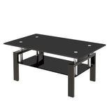 Contemporary glass coffee table, full-black, metal leg living room table with shelf