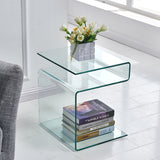 Glass Side Table For Living Room, S-Shaped End Table with 3 Shelves (Clear)