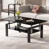 Contemporary glass coffee table, full-black, metal leg living room table with shelf