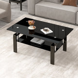 Contemporary glass coffee table, full-black, metal leg living room table with shelf